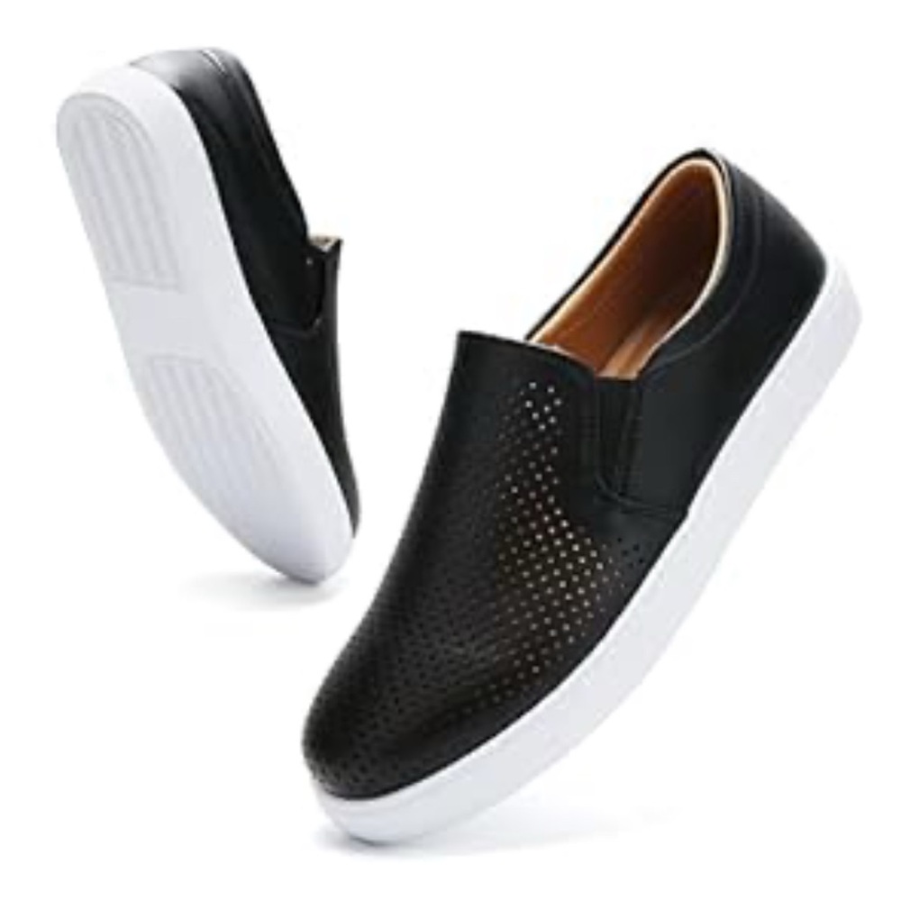 Women’s faux perforated leather slip on loafer casual comfortable shoes, black 9
